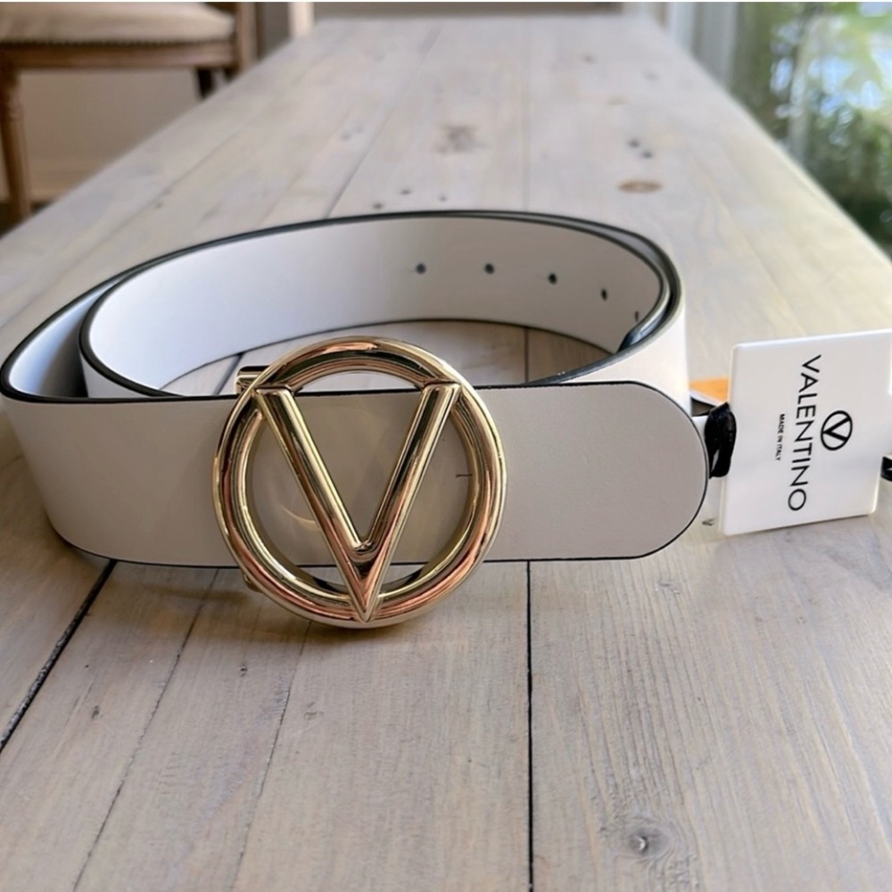 Valentino Cream Belt with Gold V Buckle